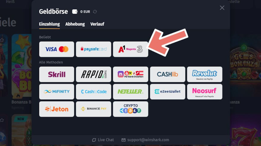 WinShark Online Casino Zahlen Sie per Handyrechnung