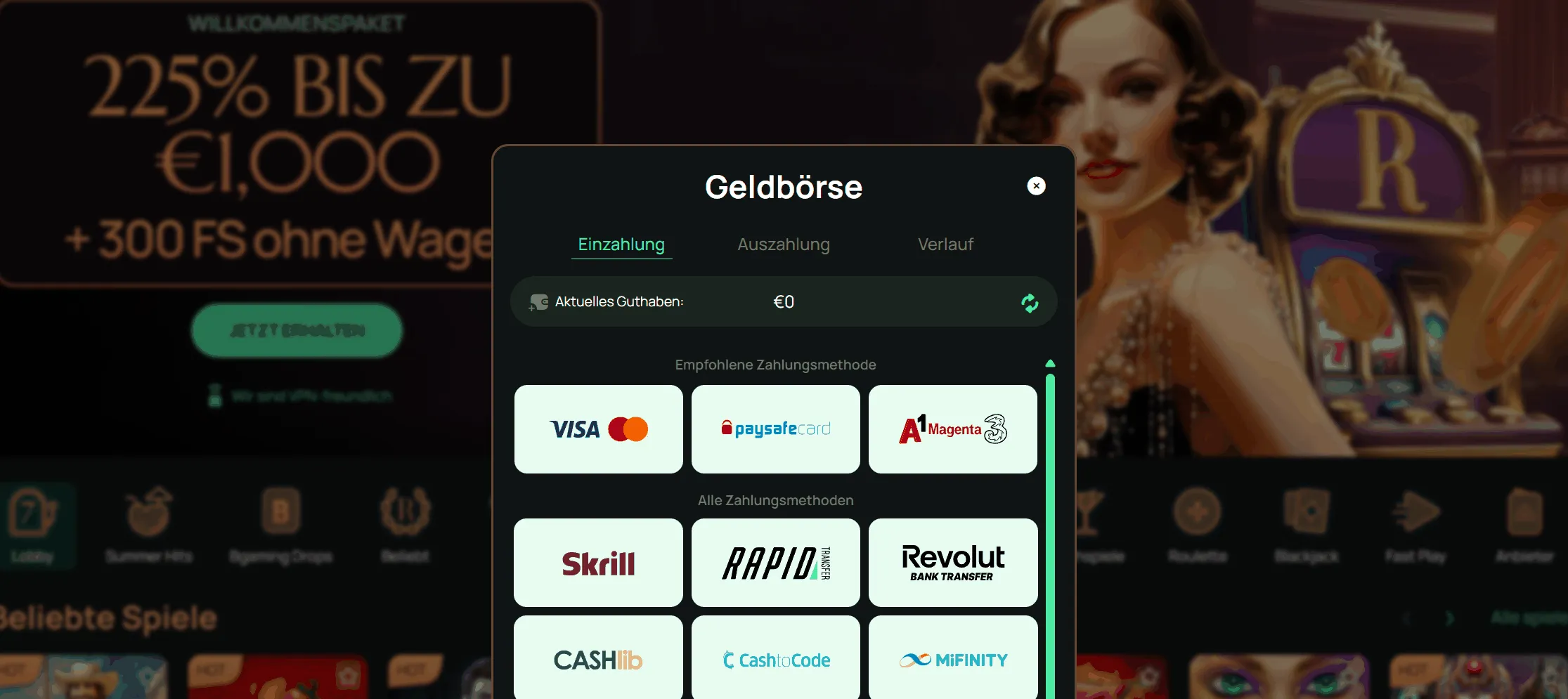 Zahlungsbereich des Online-Casinos Einzahlungsoptionen im Online-Casino